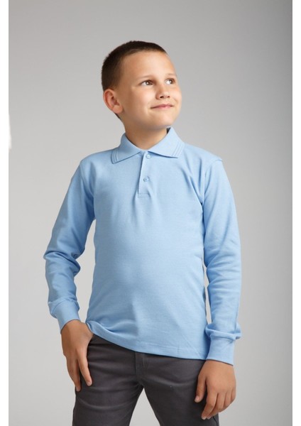 Unısex Çocuk Uzun Kol Normal Kalıp Polo Yaka Düz Renk Okul Penye T-Shırt fırsatları