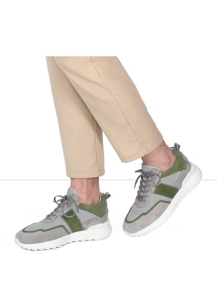 Erkek Gri Bağcıklı Kalın Tabanlı Süet Deri Sneaker