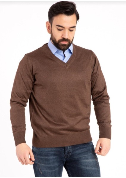 Erkek Kahverengi V Yaka Ince Yün Triko Kazak