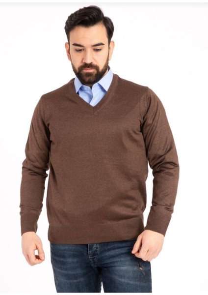 Erkek Kahverengi V Yaka Ince Yün Triko Kazak fiyatları