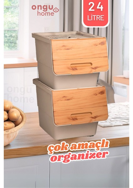 Elite Tekerlekli Çok Amaçlı Patateslik Soğanlık Sebzelik ve Oyuncak Kutusu Bambu (24 Litre) 1 Adet