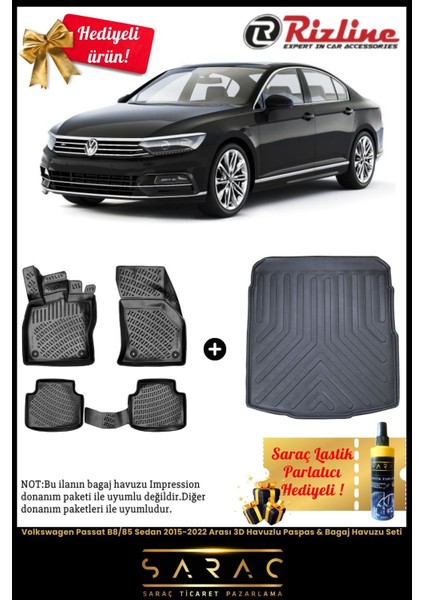 Volkswagen Passat B8/85 Sedan 2015-2022 Arası 3D Havuzlu Paspas & Bagaj Havuzu Seti+(Hediyeli!) fiyatları
