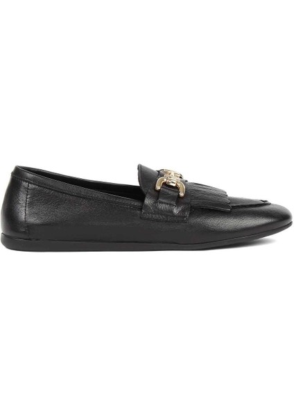 Kadın Siyah Tokalı Deri Loafer