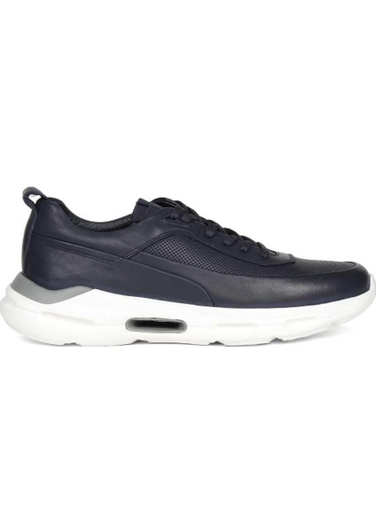 Erkek Lacivert Bağcıklı Kalın Tabanlı Deri Sneaker