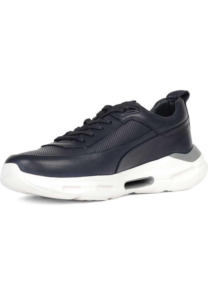 Erkek Lacivert Bağcıklı Kalın Tabanlı Deri Sneaker fırsatları