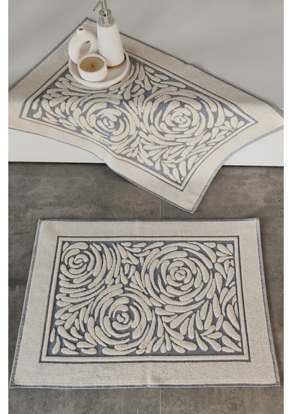 2'li Ayak Havlusu Seti, Zemini Renkli & Üç Boyutlu, Yüksek Su Emici & %100 Pamuk, 50x70cm, İndigo