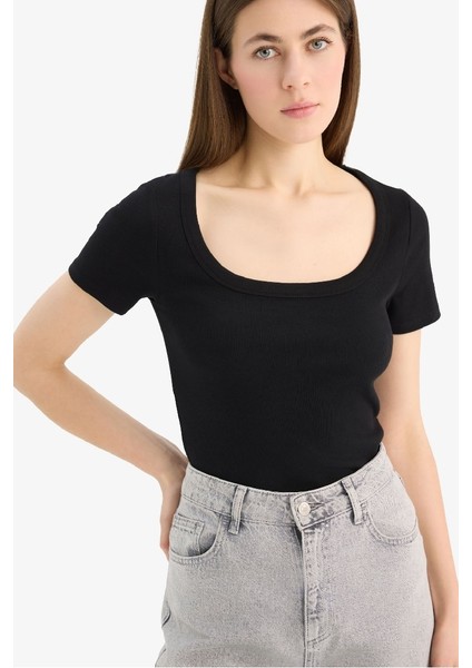 Yeni Sezon slim Fit Dar Kesim Bisiklet Yaka Basic Düz Fitilli Kaşkorse Kısa Kollu Siyah Tişört