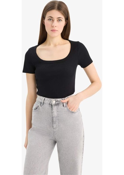 Yeni Sezon slim Fit Dar Kesim Bisiklet Yaka Basic Düz Fitilli Kaşkorse Kısa Kollu Siyah Tişört modelleri