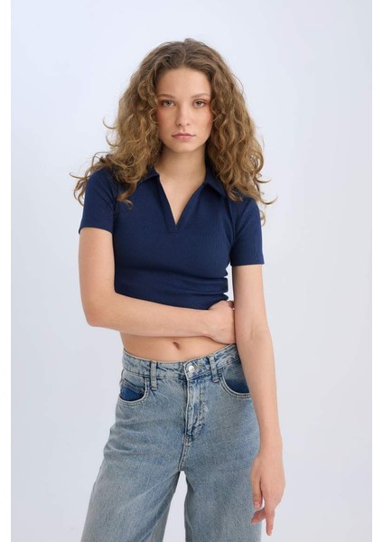 Yeni Sezon Fitted Polo Yaka Basic Düz Fitilli Kaşkorse Kısa Kollu Tişört