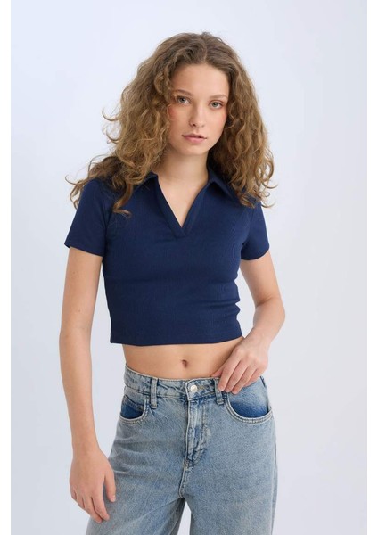 Yeni Sezon Fitted Polo Yaka Basic Düz Fitilli Kaşkorse Kısa Kollu Tişört fırsatları