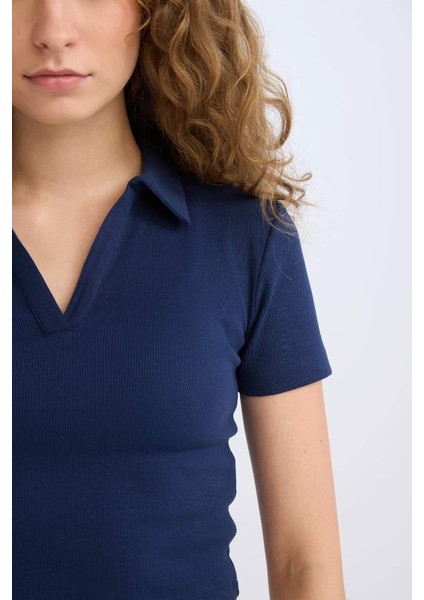 Yeni Sezon Fitted Polo Yaka Basic Düz Fitilli Kaşkorse Kısa Kollu Tişört indirimleri