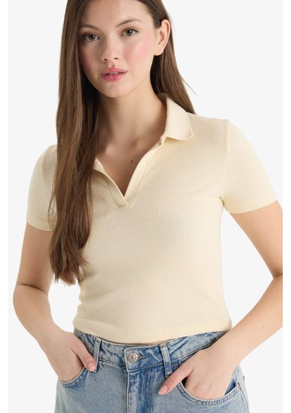 Yeni Sezon Fitted Polo Yaka Fitilli Kaşkorse Kısa Kollu Tişört