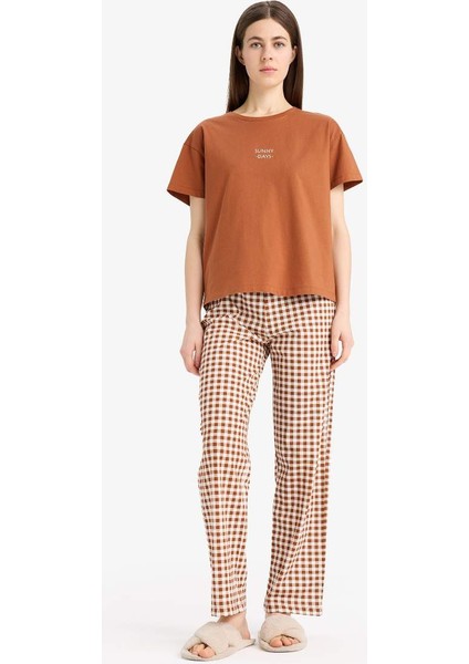 Yeni Sezon Pijama Takımı Kısa Kollu Pijama Üstü Esnek Belli Uzun Kareli Pijama Altı-Fall In Love