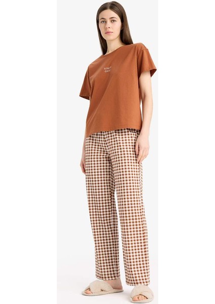 Yeni Sezon Pijama Takımı Kısa Kollu Pijama Üstü Esnek Belli Uzun Kareli Pijama Altı-Fall In Love