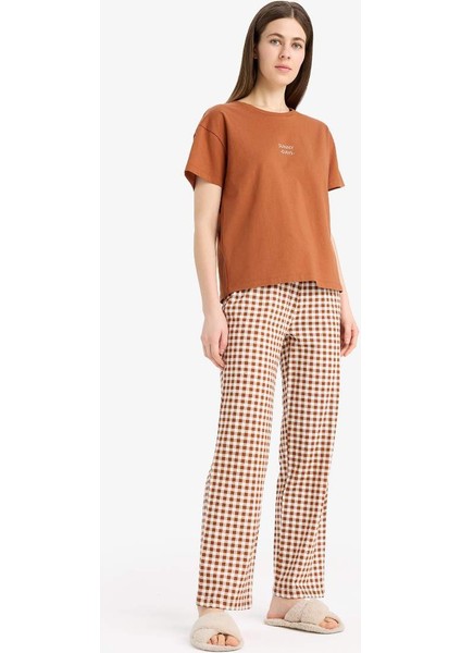 Yeni Sezon Pijama Takımı Kısa Kollu Pijama Üstü Esnek Belli Uzun Kareli Pijama Altı-Fall In Love