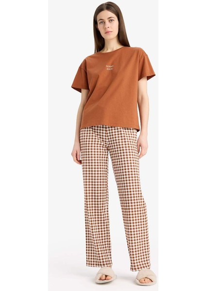 Yeni Sezon Pijama Takımı Kısa Kollu Pijama Üstü Esnek Belli Uzun Kareli Pijama Altı-Fall In Love