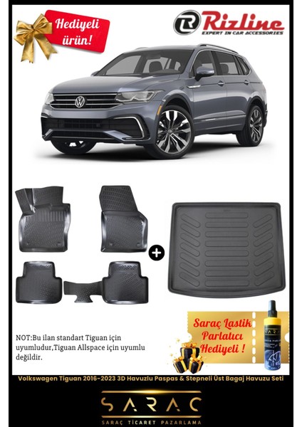 Volkswagen Tiguan 2016-2023 3D Havuzlu Paspas & Stepneli Üst Bagaj Havuzu Seti+(Hediyeli!)