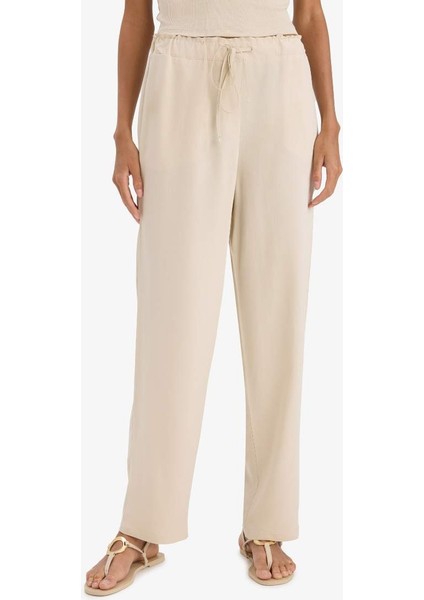 Yeni Sezon Jogger Keten Karışımlı Pantolon Cepli Yüksek Bel Bağcıklı