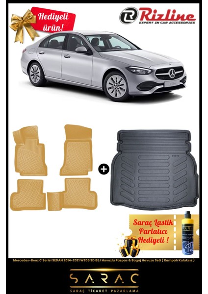 Mercedes C Seri Sedan 2014-2021 W205 3D Bej Havuz Paspas&bagaj Havuz Set(Rampalı Kulaksız)+Hediyeli