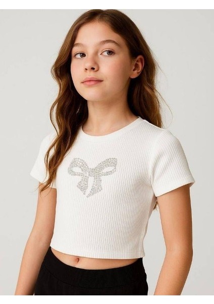 Kız Çocuk Pamuklu Taşlı Fiyonk Işlemeli T-Shirt