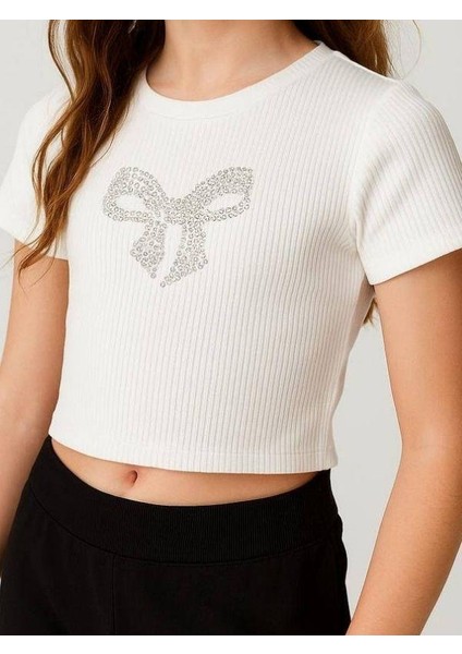 Kız Çocuk Pamuklu Taşlı Fiyonk Işlemeli T-Shirt fırsatları