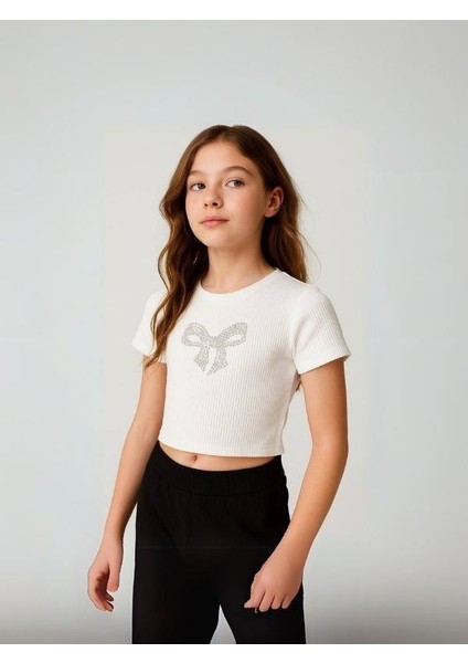 Kız Çocuk Pamuklu Taşlı Fiyonk Işlemeli T-Shirt indirimleri