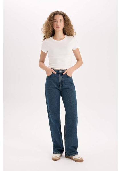 Yeni Sezon 90's Wide Leg Yüksek Bel Geniş Paça Uzun Jean Kar Yıkamalı Pantolon