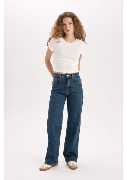 Yeni Sezon 90's Wide Leg Yüksek Bel Geniş Paça Uzun Jean Kar Yıkamalı Pantolon