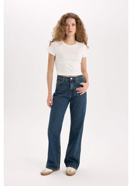 Yeni Sezon 90's Wide Leg Yüksek Bel Geniş Paça Uzun Jean Kar Yıkamalı Pantolon