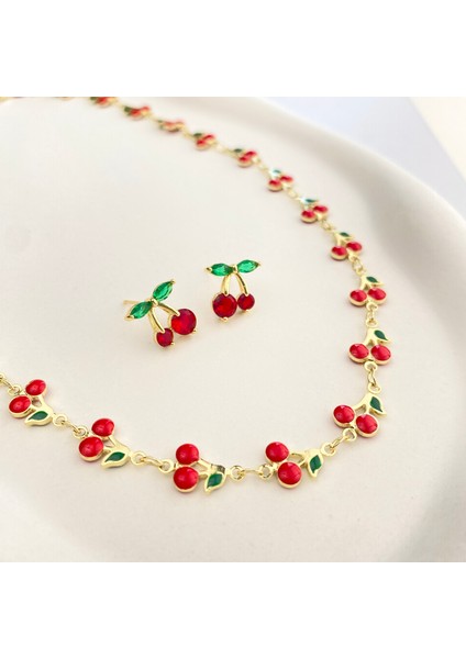 Kiraz Kolye Küpe Set Yaz Takıları Kararmaz Çelik Gold 45cm modelleri