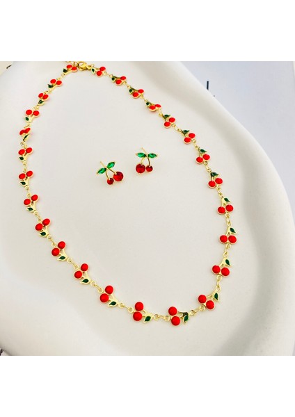 Kiraz Kolye Küpe Set Yaz Takıları Kararmaz Çelik Gold 45cm indirimleri