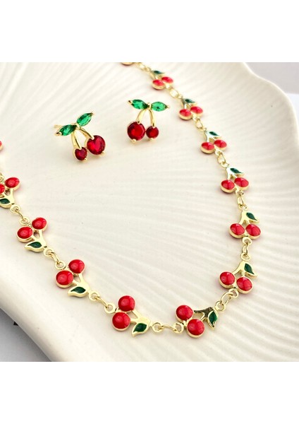 Kiraz Kolye Küpe Set Yaz Takıları Kararmaz Çelik Gold 45cm