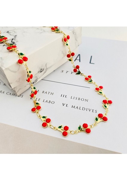 Kiraz Kolye Mineli Yaz Kolyesi Kararmaz Çelik Gold 45cm