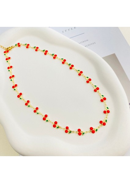 Kiraz Kolye Mineli Yaz Kolyesi Kararmaz Çelik Gold 45cm modelleri