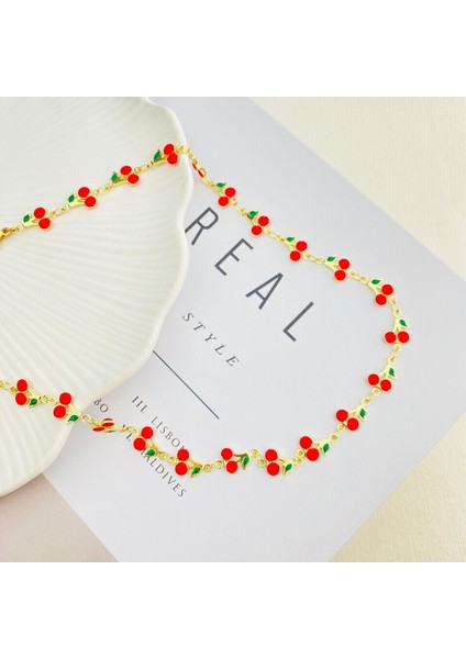 Kiraz Kolye Mineli Yaz Kolyesi Kararmaz Çelik Gold 45cm fırsatları