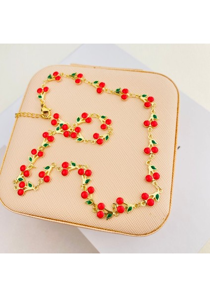 Kiraz Kolye Mineli Yaz Kolyesi Kararmaz Çelik Gold 45cm