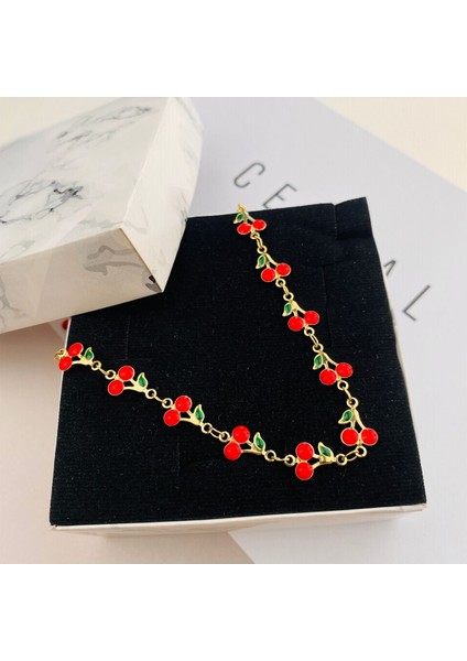 Kiraz Kolye Mineli Yaz Kolyesi Kararmaz Çelik Gold 45cm