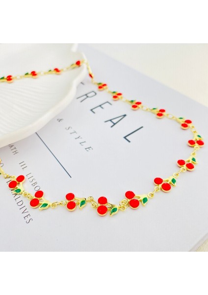 Kiraz Kolye Mineli Yaz Kolyesi Kararmaz Çelik Gold 45cm