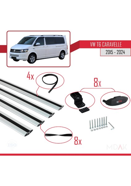 Volkswagen T6 Caravelle 2015-2024 Arası ile Uyumlu Basıc Model Ara Atkı Tavan Barı Gri 4 Adet