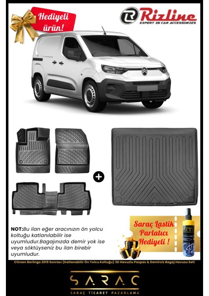 Citroen Berlingo 2019 Sonrası Katlanılabilir Koltuk Havuz Paspas&demirsiz Bagaj Havuz Seti+Hediyeli!