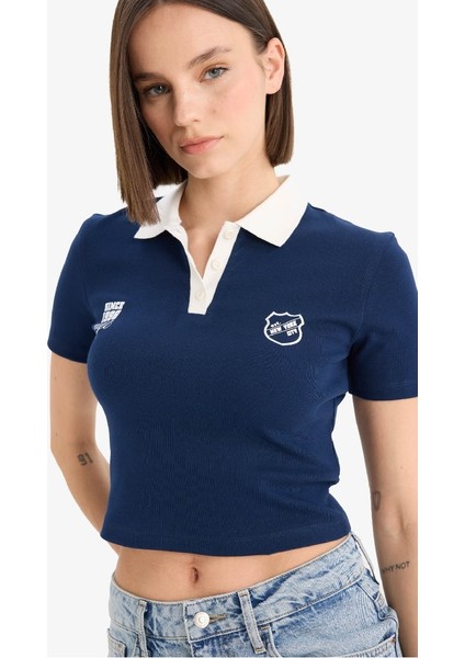 Yeni Sezon Coool Fitted Polo Yaka Baskılı Ribana Kısa Kollu Tişört