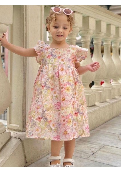 Kız Çocuk Çiçek Desenli Pamuklu Elbise
