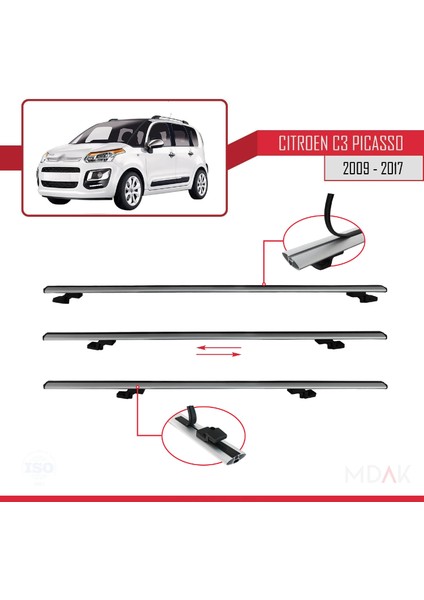 Citroen C3 Picasso 2009-2017 Arası ile Uyumlu Basıc Model Ara Atkı Tavan Barı Gri 2 Adet indirimleri