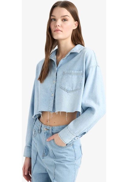 Yeni Sezon Cropped Fit Kesik Uçlu Yumuşak Jean Gömlek modelleri