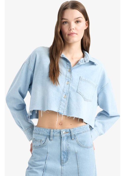 Yeni Sezon Cropped Fit Kesik Uçlu Yumuşak Jean Gömlek fırsatları