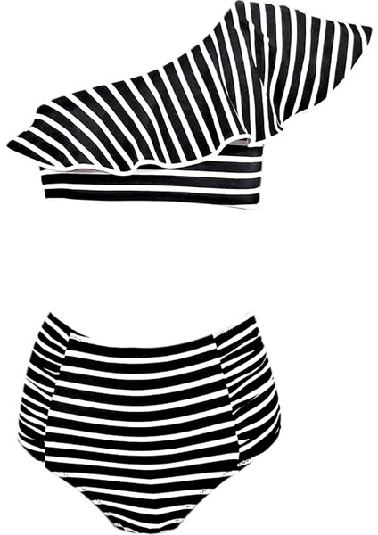 Tek Omuz Çizgili Fırfır Yüksek Bel 50UV Kız Çocuk Bikini Takımı By Nessi Byrd