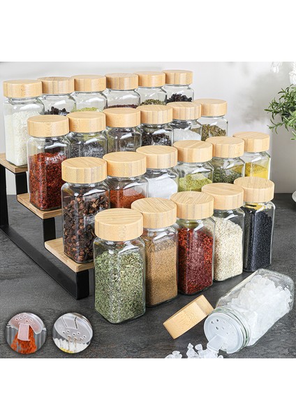 24'lü Bambu Kapaklı Cam Baharatlık Seti - Etiketli Tuzluk Biberlik Köşeli Baharat Takımı 120 ml