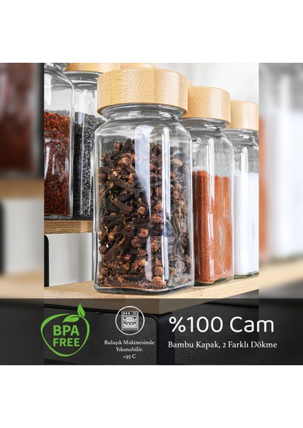 24'lü Bambu Kapaklı Cam Baharatlık Seti - Etiketli Tuzluk Biberlik Köşeli Baharat Takımı 120 ml modelleri