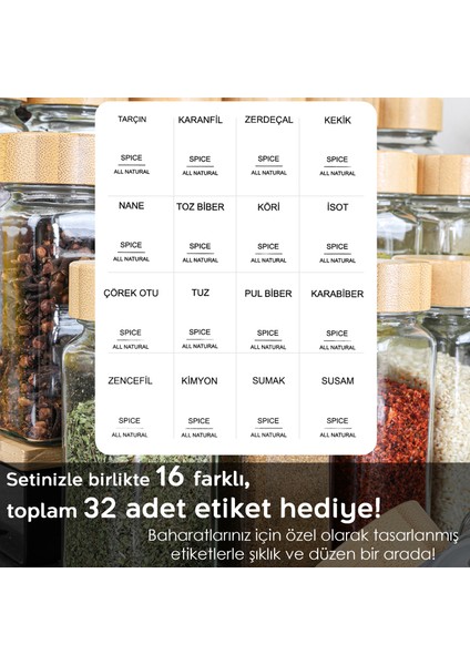 24'lü Bambu Kapaklı Cam Baharatlık Seti - Etiketli Tuzluk Biberlik Köşeli Baharat Takımı 120 ml