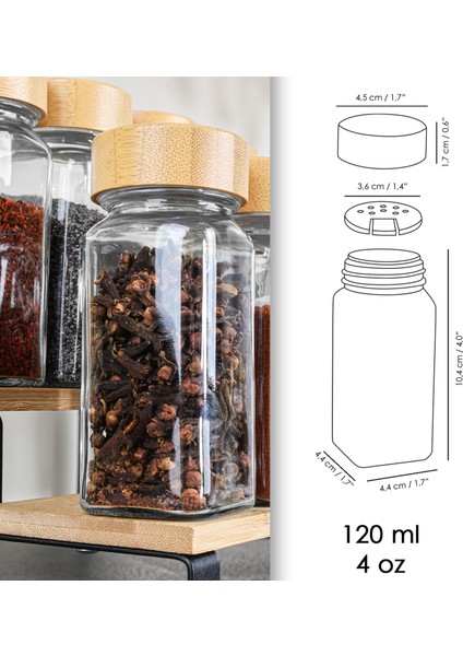 24'lü Bambu Kapaklı Cam Baharatlık Seti - Etiketli Tuzluk Biberlik Köşeli Baharat Takımı 120 ml